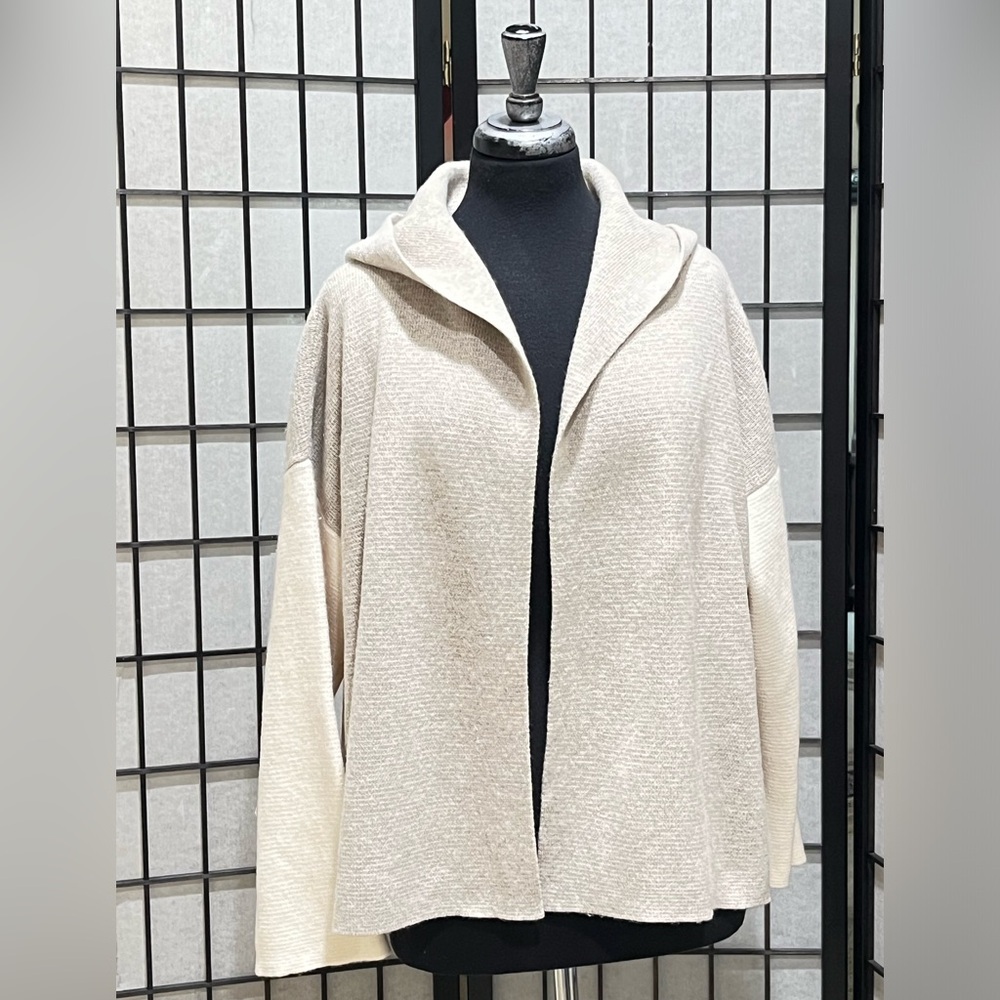 MADEWELL Hooded Open-Front MERINO WOOL BLEND Cardigan TAUPE AND CREAM SIZE S